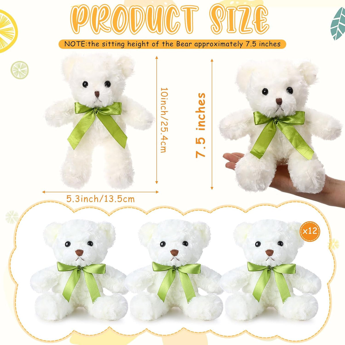 Hungdao 4 Pcs Bears Bulk Gifts Plush Bear Stuffed Animals 10 Inch Cute Soft Stuffed Animals with Green Bows for Baby Shower Birthday Party Favor Centerpiece Decoration(White)