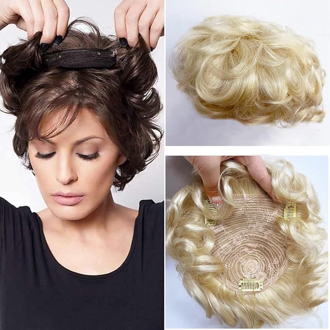 Maery Human Hair Topper Closure Short Curly Hair Topper Clip in Hair Pieces Weaving Hair Replacement Top Hairpieces Wiglet for Women with Thinning Hair 6inch 613 Blonde Color