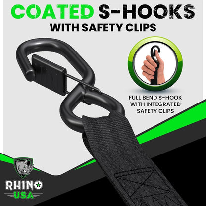 Rhino USA Retractable Ratchet Straps (4-Pack) - 1in x 10ft, Black 1,209lb Break Strength, Auto Self Retracting Design. For Truck, Cargo Trailer, Motorcycle, ATV & UTV Tie Downs. Black