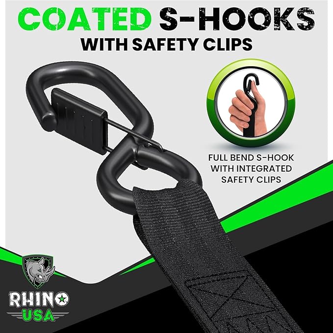 Rhino USA Retractable Ratchet Straps (4-Pack) - 1 Inch x 10 Feet (1,209lb Break Strength) - Heavy Duty Auto Self Retracting Tie Down Straps for Truck, Cargo Trailer, Motorcycle, Rad  More - Black