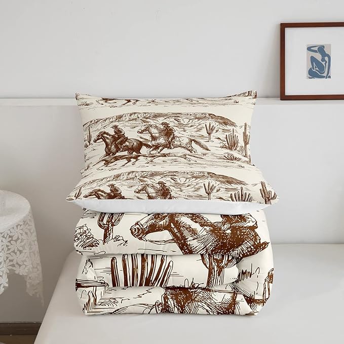 Erosebridal Western Comforter Set Full Size Cowboy Bedding Set American Wild West Desert Hand Drawn Illustration Down Comforter Country Theme Bedroom Decor Duvet Set for Boys Men Teens