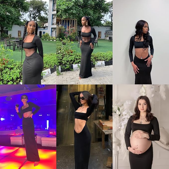 Suillty Women Sexy Hollow Out Bodycon Dress Long Sleeve Backless Belly Cutout Long Dresses for Cocktail Party Festival