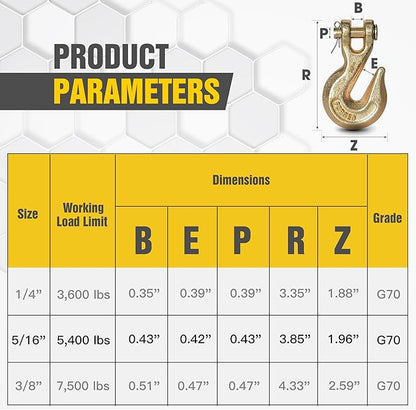 5/16" Clevis Grab Hooks (4 Pack) Heavy Duty Chain Hook for 5/16 Inch Grade 70 Chain Forged Alloy Steel- for Trailer Truck Transport - Yellow Chromate Finish - 5,400 lbs