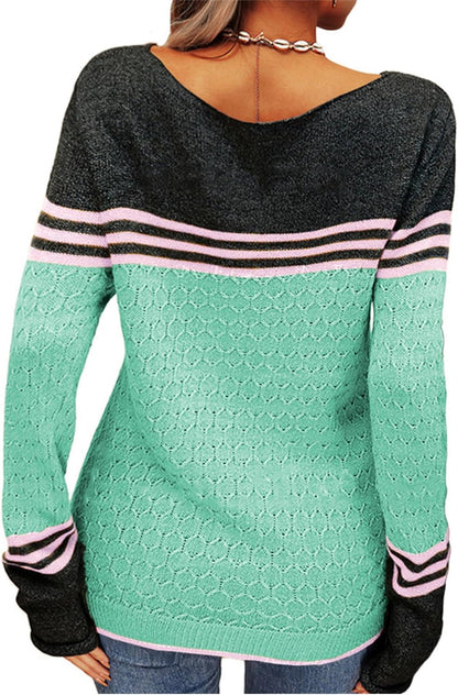ZOCANIA Striped Sweater Women Crew Neck Long Sleeve Color Block Sweater Lightweight Knit Pullover Fall Fashion Jumper Tops