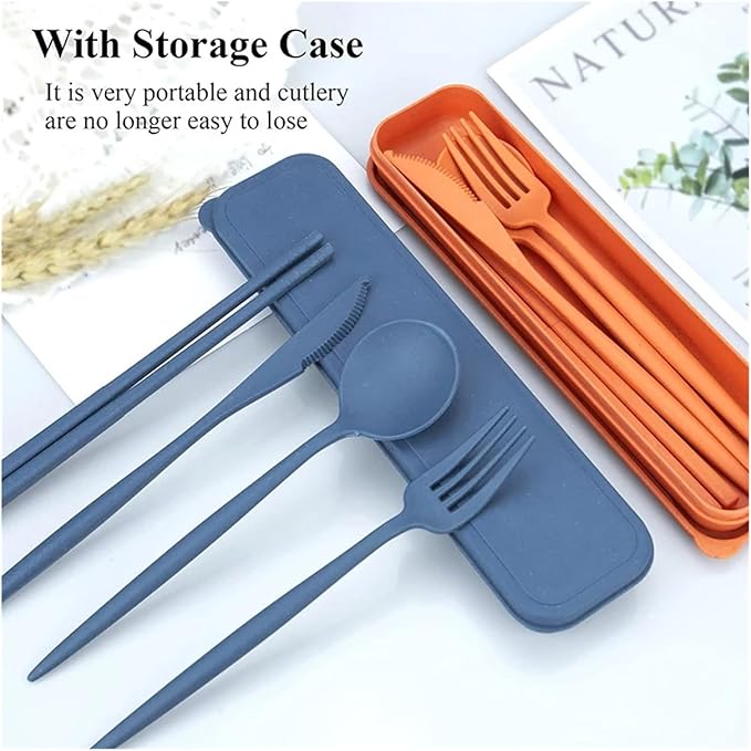 travel utensils 4PCSSet Wheat Straw Knife, Fork, Spoon And Chopsticks Set Students Outdoor Travel Portable Tableware(Orange)