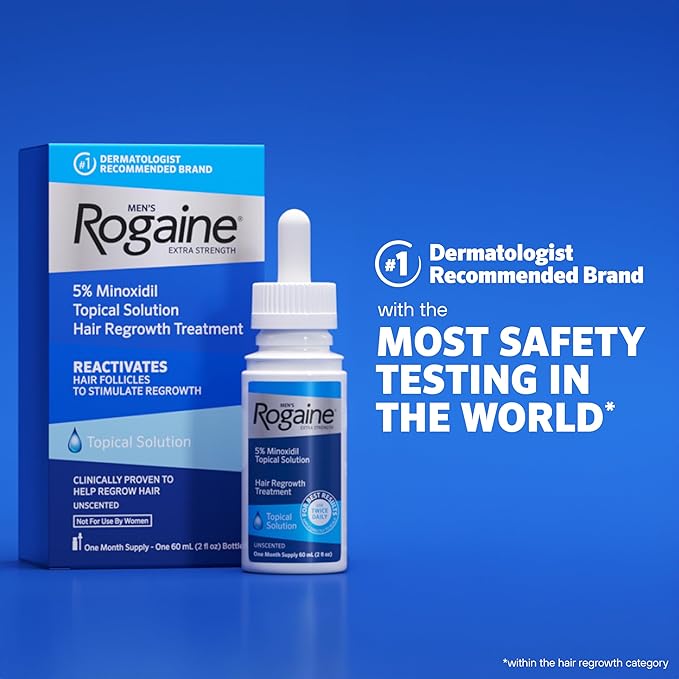 Men's Rogaine Extra Strength 5 Minoxidil Topical Solution for Thin Hair, Hair Loss Treatment to Regrow Fuller, Thicker Hair, 3 Month Supply, 3 Bottles