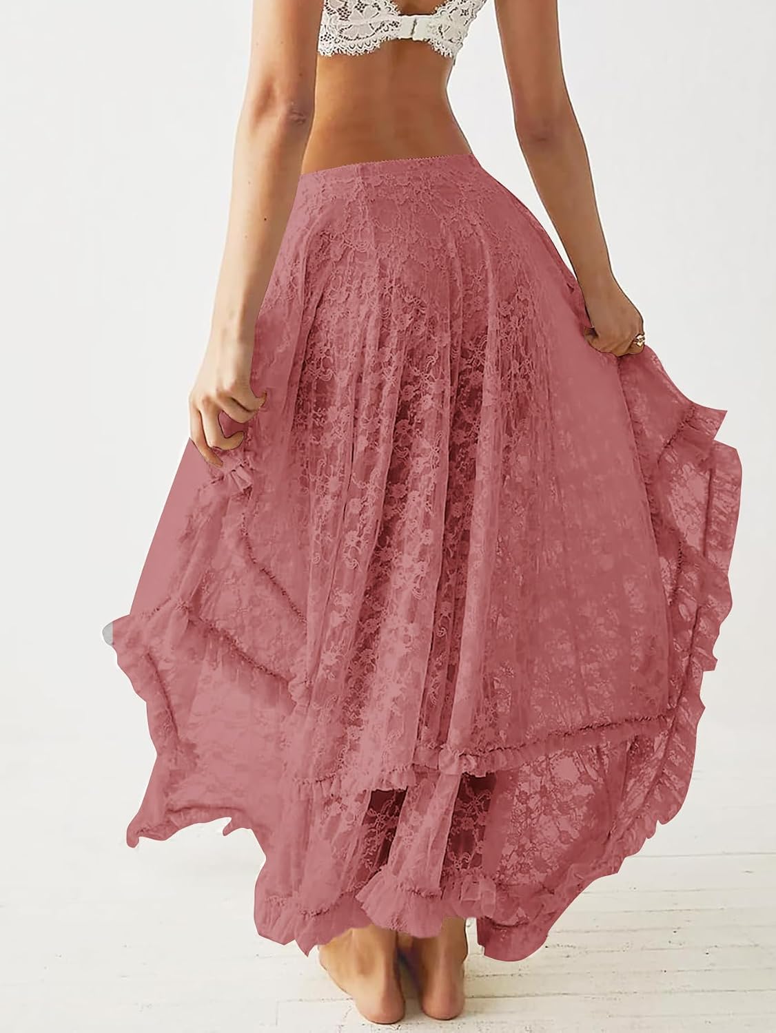 YKR Womens Lace Long Skirts Elastic Asymmetrical Layered Hem Sexy See-Through Flowy Skirts Floral Beach Maxi Skirt.
