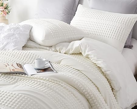 Cupocupa King Size Comforter Set;White Boho Tufted Lightweight Bedding Sets 3PCS Soft Jacquard Pom Pom Comforter with 2 Pillow Cases for All Season