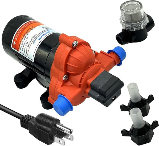 115V Water Diaphragm Pump, Industrial Water Pressure Pump, 50 PSI Self-Priming Pump on Demand with American Plug for Kitchen, Bathroom, Caravan, Marine Yacht