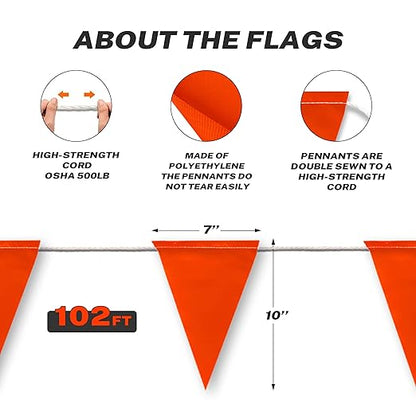 Fluorescent Orange OSHA Perimeter Marking Flags (102FT string) Warn of hazardous areas, traffic control.Marking construction sites, scaffolding, sporting events, private property.