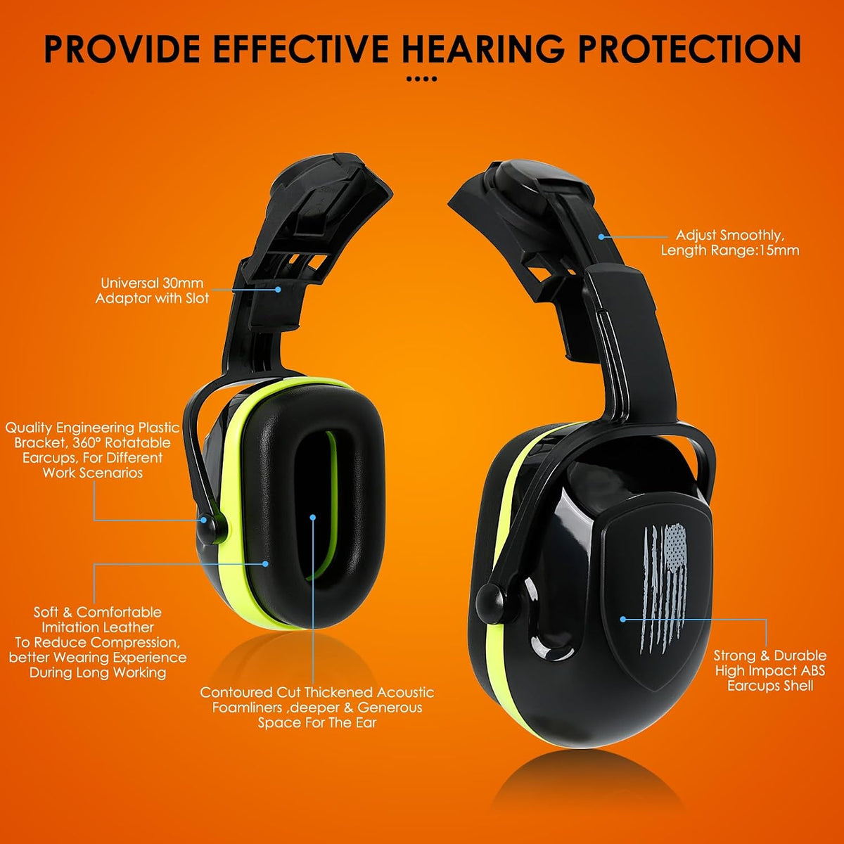 Hard Hat Ear Muffs, Green Ear Muffs For Noise Reduction For Hard Hat Accessories SNR 30dB NRR 25dB Ear Protection, Construction Ear Protection For Adults