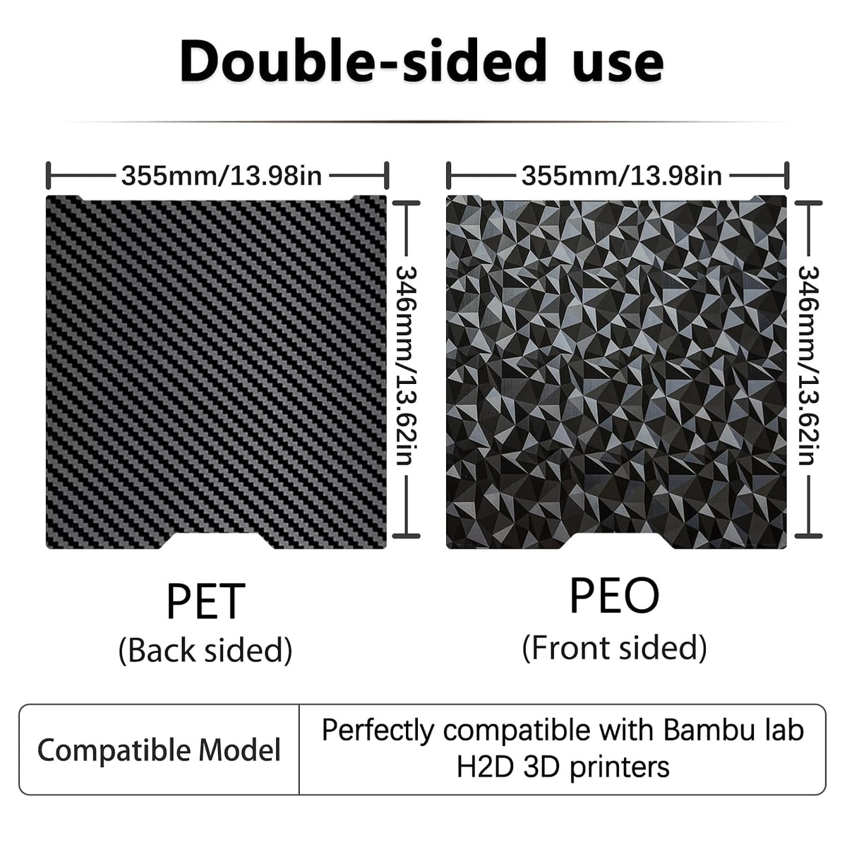 355x346mm Build Plate for Bambu Lab H2D/H2S,Double Sided PEO PET Flexible Removable Spring Steel Heated Printing Bed Platform?Removable Heated Bed for H2D Combo/H2S(Carbon Fiber+Diamond)