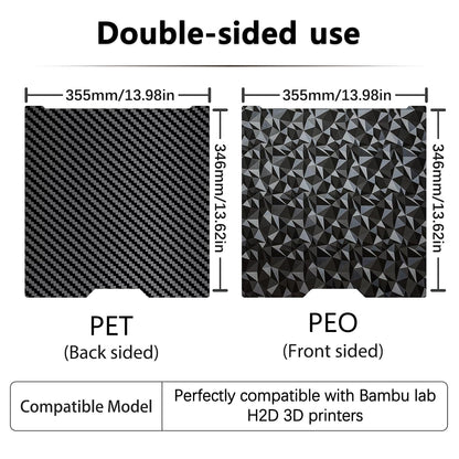 355x346mm Build Plate for Bambu Lab H2D/H2S,Double Sided PEO PET Flexible Removable Spring Steel Heated Printing Bed Platform?Removable Heated Bed for H2D Combo/H2S(Carbon Fiber+Diamond)