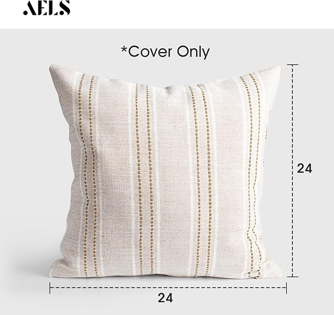 AELS 24x24 Decorative Farmhouse Linen Throw Pillow Covers, Boho Textured Pillow Case, Set of 2, Beige with White & Brown Stitch Yarn Dyed Stripe Cushion Cover for Sofa Couch Living Room (Cover ONLY)