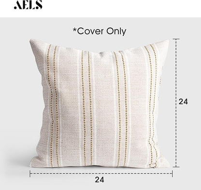 AELS 24x24 Decorative Farmhouse Linen Throw Pillow Covers, Boho Textured Pillow Case, Set of 2, Beige with White & Brown Stitch Yarn Dyed Stripe Cushion Cover for Sofa Couch Living Room (Cover ONLY)