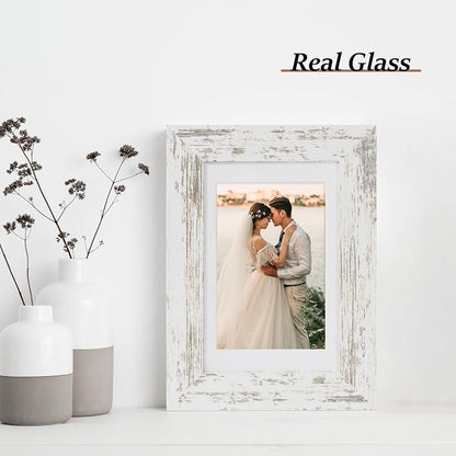 4x6 Picture Frame Set of 2 with HD Glass, Distressed White Wood Photo Frames Display 3.5x5 Picture with Mat or 4 x 6 Without Mat for Horizontal or Vertical Tabletop and Wall Mounting