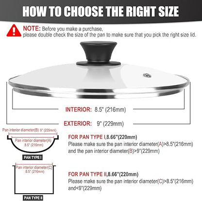 Pan Lid 8.7 Inch - Tempered Glass Pot Lid - Replacement Pan Cover for Cast Iron Skillets, Frying Pans, Pots and Wok, Heat Resistant Handle