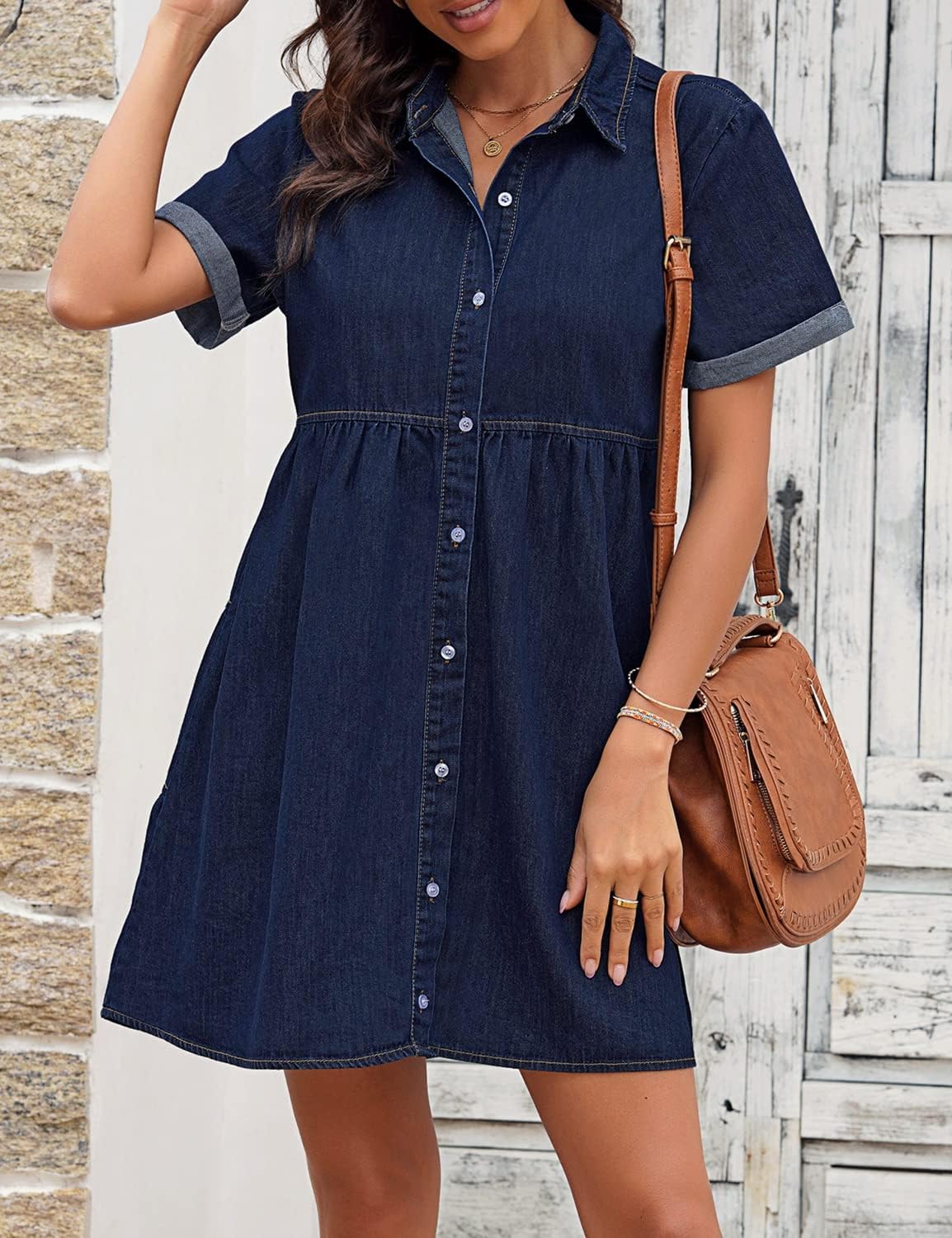 LookbookStore Women's Short Sleeve Button Down Flowy Tiered Babydoll Denim Dress