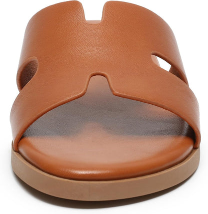 Yozuru Womens Flat Sandals Open Toe Dressy Summer Sandals Comfortable Casual Slip on Leather Slides Sandals for women.