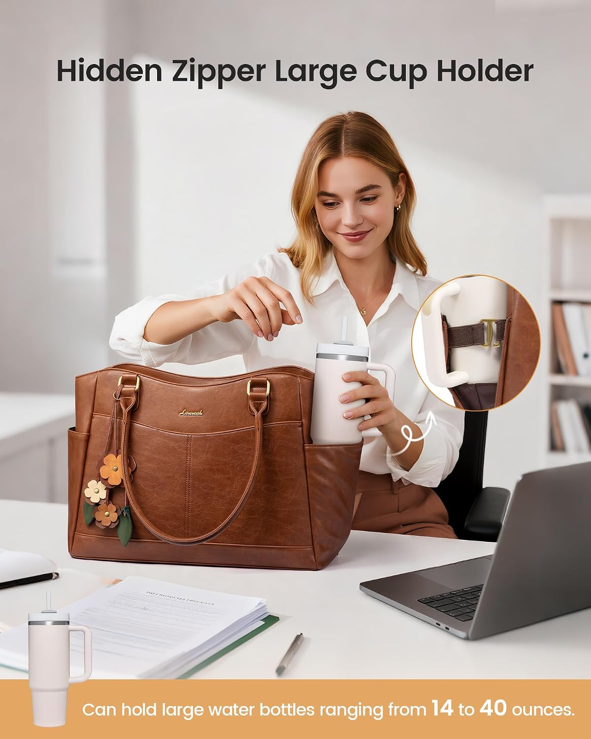LOVEVOOK Laptop Bag for Women, Leather Vintage Work Tote Bag Computer Office Teacher Bag with Large Cup Holder