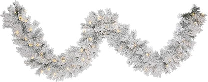 Vickerman 9' Flocked Alaskan Pine Artificial Christmas Garland, Clear Dura-lit Incandescent Mini Lights - Faux Pine Christmas Garland - Seasonal Indoor Home Decor