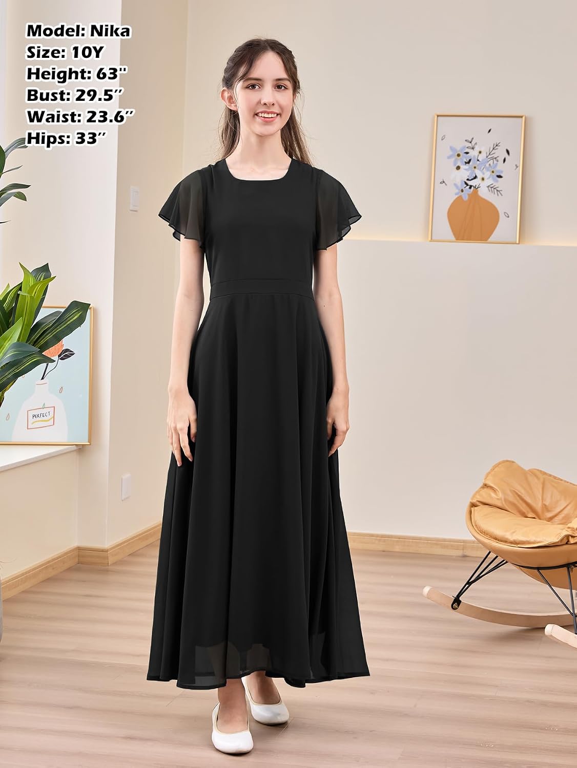 Soft, breathable polyester dress with A-line silhouette and ruffle sleeves, perfect for formal occasions.