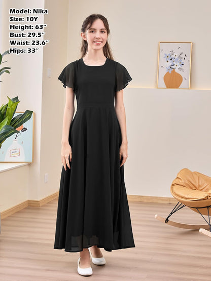 Soft, breathable polyester dress with A-line silhouette and ruffle sleeves, perfect for formal occasions.