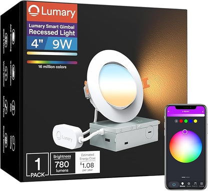 Lumary Smart LED Recessed Lighting 4 Inch, 35520 Wi-Fi Gimbal Recessed Lights, Color Changing Canless Downlight, Compatible with Alexa  Google, 9W 780lm CRI90 FCC 1 Pc