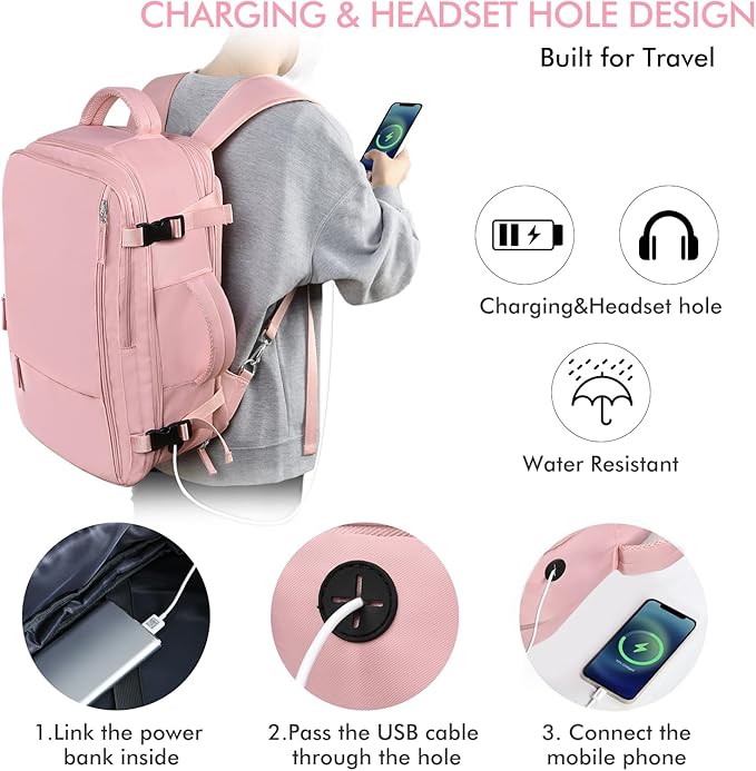 Beraliy Large Travel Backpack for Women, Personal Item Bag Airline Approved, Carry On Luggage, 17.3 inch Laptop Backpack, Waterproof Backpack,Hiking Backpack, Pink