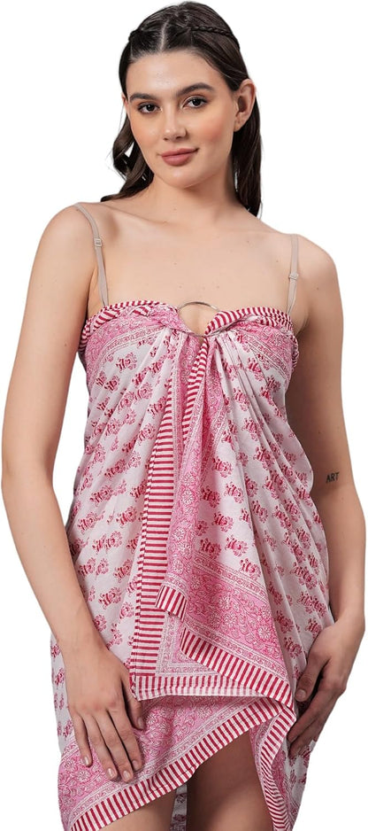 100% Cotton Swimsuit Cover-Up, Indian Hand Block Printed Sarong Wraps Bikini Cover-Up for Women