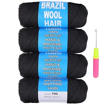 COOKOO 4 Roll Natural Black Brazilian Wool Hair Acrylic Yarn for African Crochet Hair Jumbo Braids Senegalese Twisting Knitting Hair Braids Faux locs Spiral Corkscrews Braids Twist Wraps 70GRoll(1B)