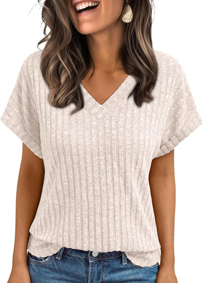 AUTOMET Womens Short Sleeve Sweaters 2026 V Neck Cute Summer Tops.