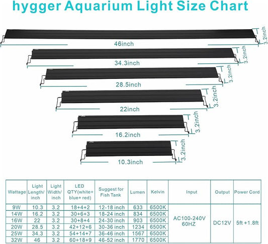 Hygger - Full spectrum aquarium light with aluminum alloy housing, extendable brackets, white and red blue LEDs, external controller, for freshwater fish tank