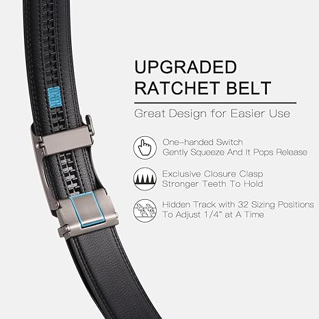 SENDEFN Men's Leather Belt Automatic Ratchet Buckle Slide Belt for Dress Casual Trim to Fit with Gift Box