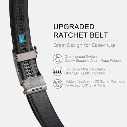 SENDEFN Men's Leather Belt Automatic Ratchet Buckle Slide Belt for Dress Casual Trim to Fit with Gift Box