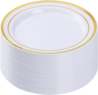 BESTVIP 25PCS Gold Plastic Plates, 10.25 Inch Disposable Dinner Plate Party with Gold Rim, Heavy Duty Disposable Plastic Plates for Christmas, Thanksgiving, Party, Wedding and Birthday