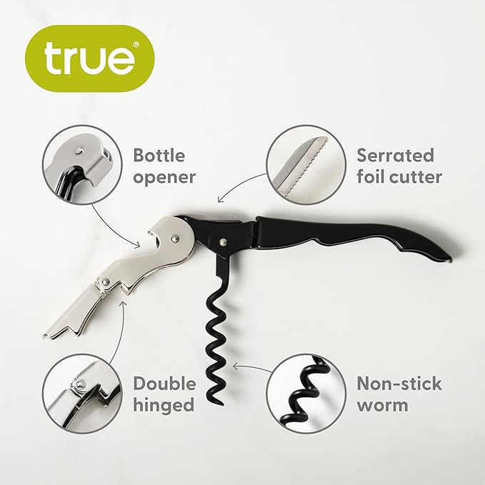 True TrueTap Double Hinged Waiters Corkscrew, Black Wine Bottle Opener with Foil Cutter, Wine Key (Pack of 3)