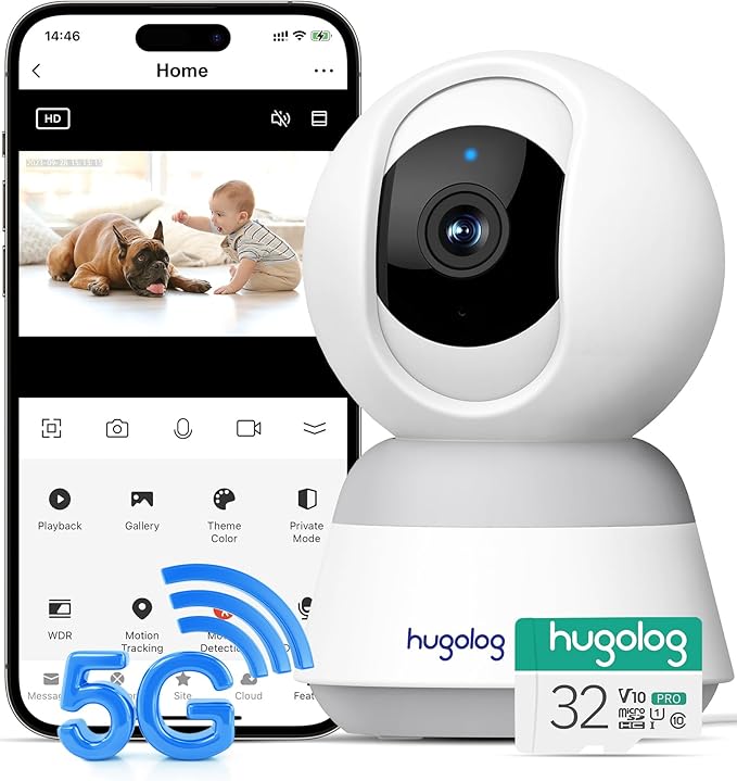 Hugolog 3K Security Camera 2.45 GHZ with 32 GB SD Card Indoor PanTilt,AI Sound Processing Ideal for Baby MonitorPet CameraHome Security with 12Zoom,Starlight Color Night Vision
