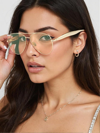 Oversized Aviator Sunglasses For Women 70s Retro 2025 Metal Shades with Gold Streamline Arms ( No Original Box )