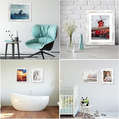 Capcillin 8x10 Picture Frame Wood Patten Distressed White Set of 2, Each Frame with Mat,Display 8x10 Picture Without mat or 5x7 Photos with Mat Wall Decor Table Top(CP001-MD8x10RW)