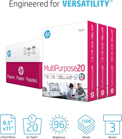 HP Multipurpose Printer Paper, 8.5 x 11, 20 lb, 96 Bright, 3 Ream Case