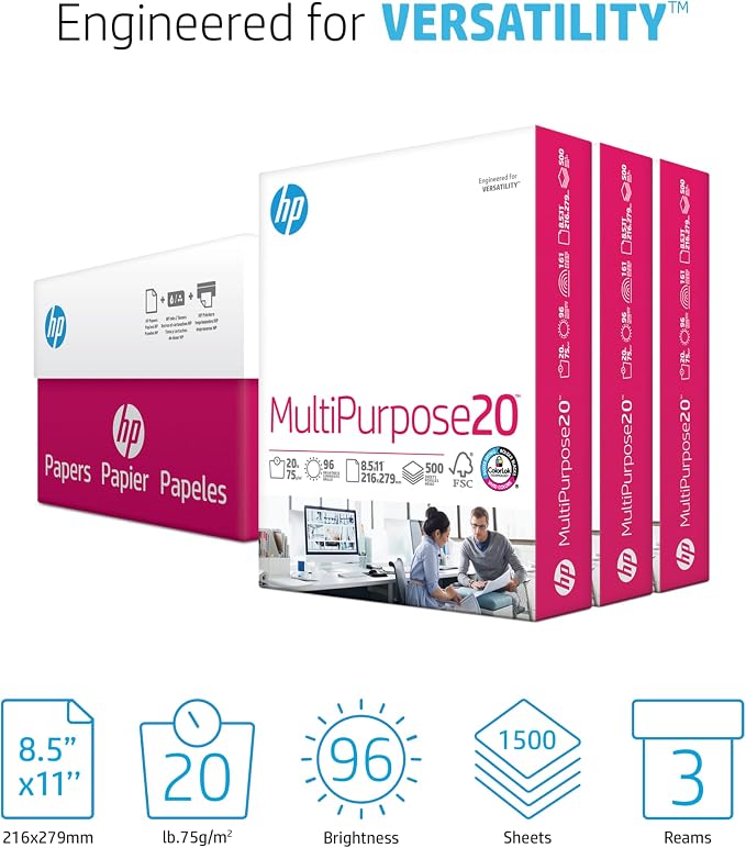 HP Printer Paper | 8.5 x 11 Paper | MultiPurpose 20 lb | 3 Ream Case - 1500 Sheets | 96 Bright | Made in USA - FSC Certified | 112530C