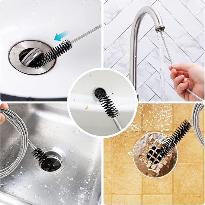 Extra-Thick Drain Brush with Stronger Spring - 67-Inch Flexible Pipe Cleaning Tool - Dual Bristle Heads - Ideal for Curved Pipes and Slim Holes a Black