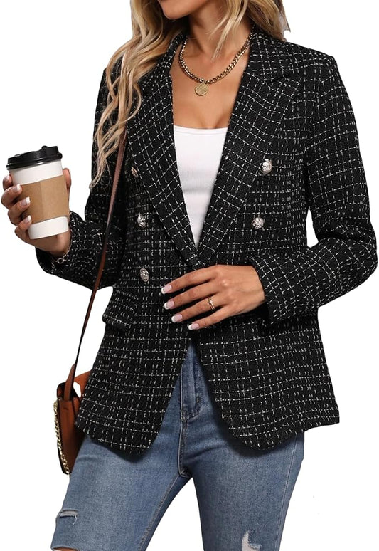 2025Fall Winter Women's Tweed Blazer Jacket-Plaid Fully Lined Fashion Business Casual Lapel Elegant Coat Pockets Amazon's Choice
