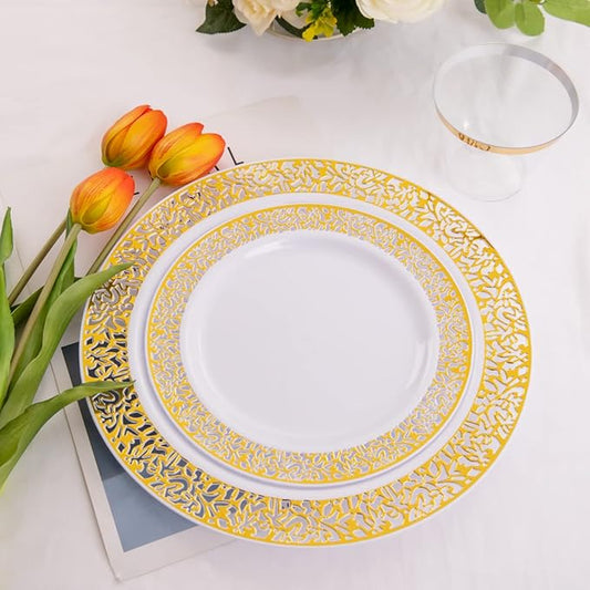 supernal 100pcs Gold Plastic Plates, 10.25" Plastic Dinner Plates, White Plastic Plates with Gold Rim,Gold Lace Plates,Gold Plastic Plates for Weddings Celebrations and Parties