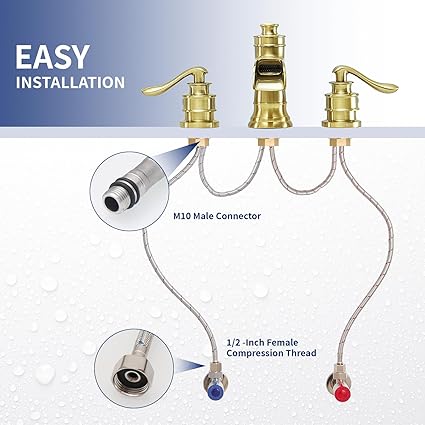 BWE Faucet Supply Lines 24" Length 12 -Inch Female Compression Thread x M10 Male Connector Braided Stainless Steel Sink Hose for Bathroom Kitchen Sink Faucet x 2 Pcs (1 Pair)