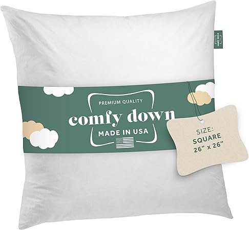 26x26 Decorative Throw Pillow Insert, Down and Feathers Fill, 100 Cotton Cover 233 Thread Count, Square Pillow Insert - Made in USA