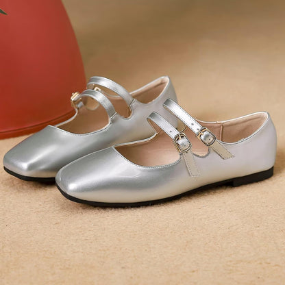 Stunner Women's Mary Jane Flats Retro Square Toe Soft Ballet Flats Comfort Double Line Strap Wedding Dressy Flats 2.