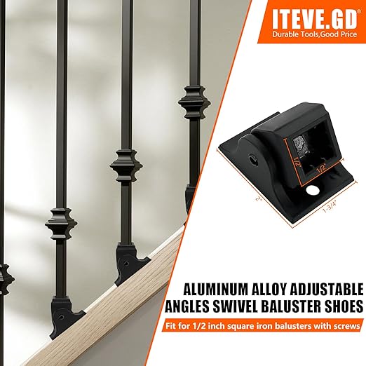 Wrought Iron Baluster Swivel Shoes -10 Pack - Aluminum Adjustable Railing Shoes for Staircase Interior with Screws for 12 Inch Square Balusters - Metal Staircase Spindle Shoes - Satin Black