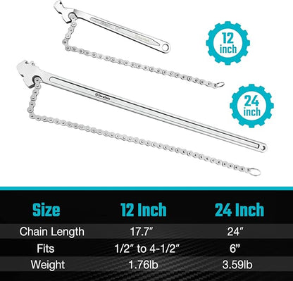 DURATECH 24 Inch Chain Wrench, Adjustable Oil Filter Chain Wrench Fits Max 6 Inch Diameter for Pipe and Car Repair
